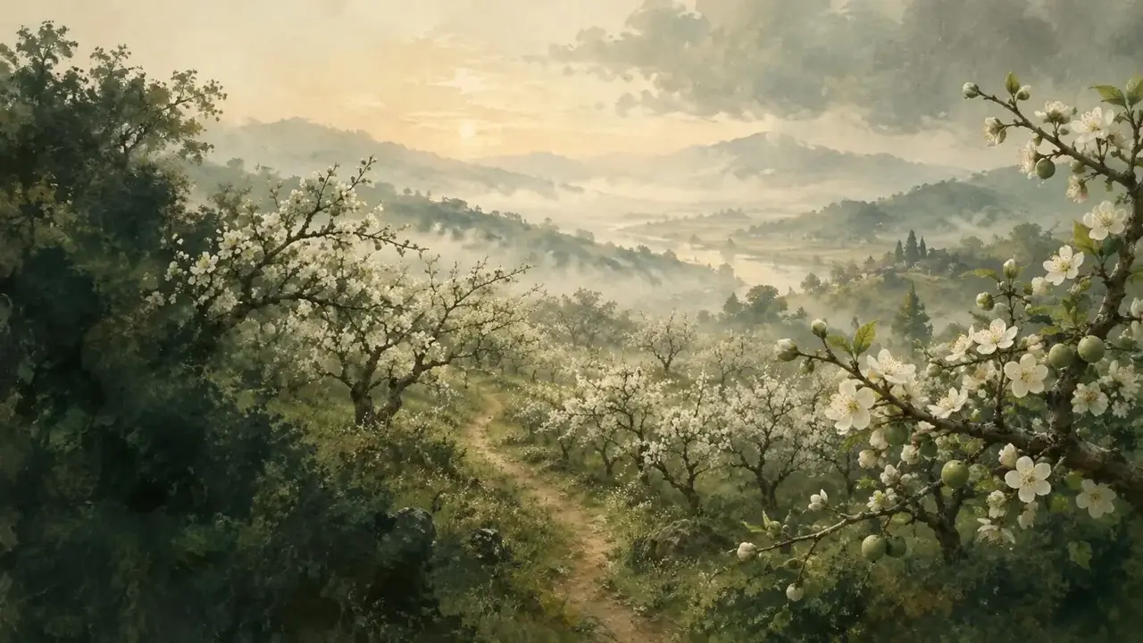 花魁短剧网页版首屏,晨雾中的山腰青梅果园与蜿蜒小径插画
