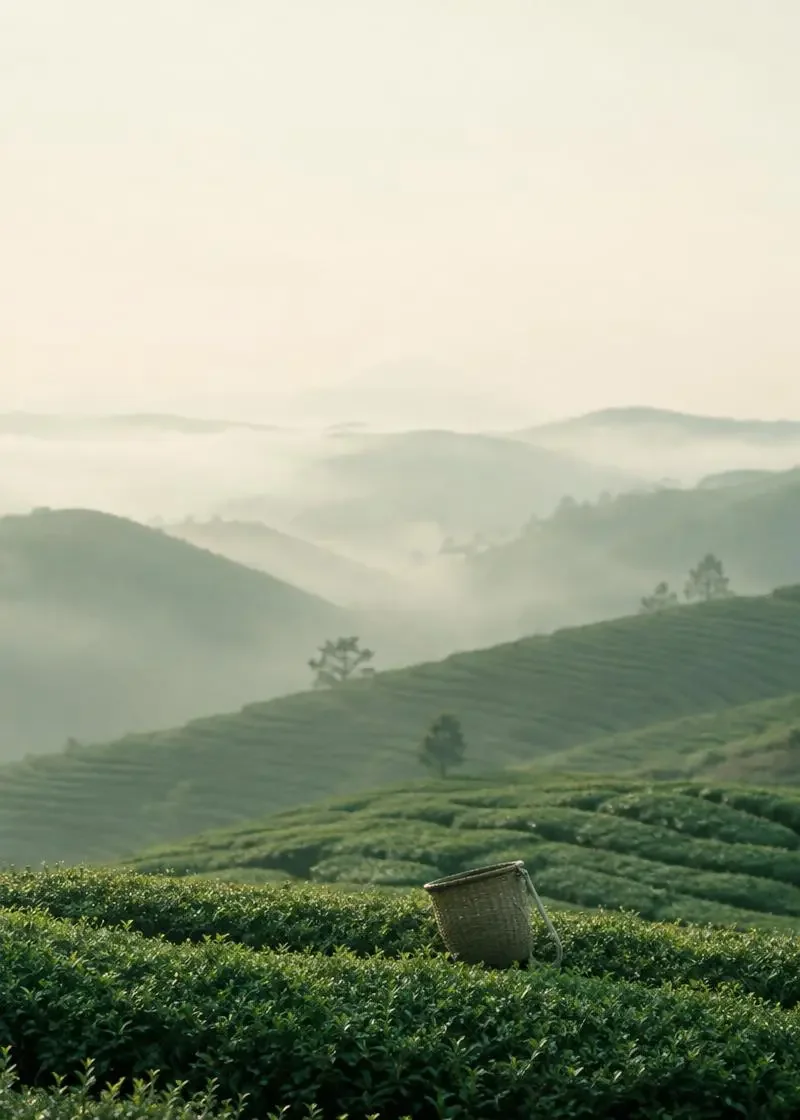 花魁短剧网页版《半个山头的茶》封面，晨雾中的梯田茶园与竹篮