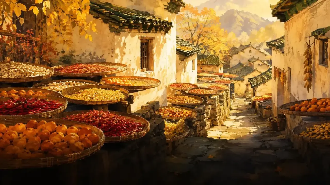 花魁短剧网页版首屏,屋顶竹匾晒秋与院中陶缸插画